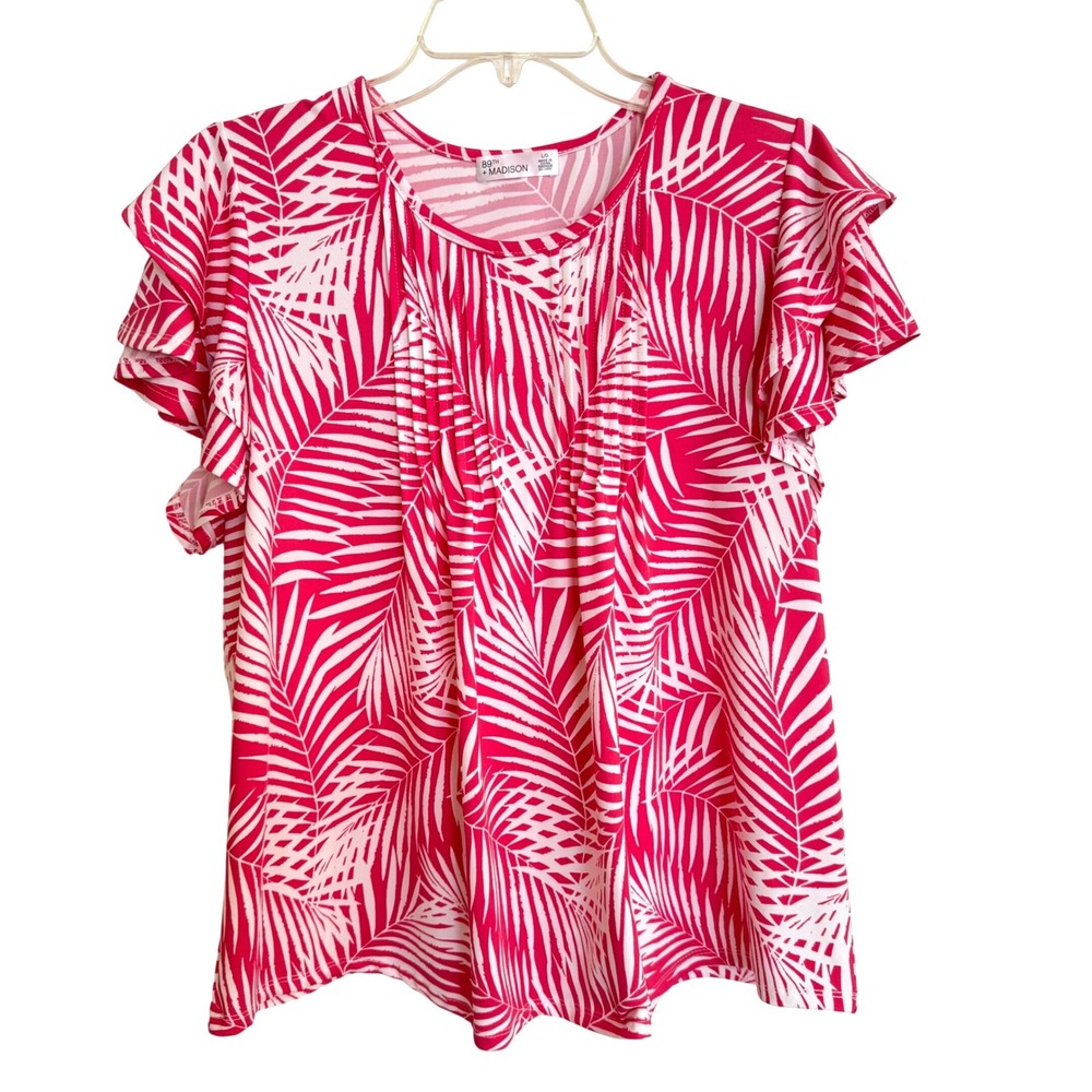 89th + Madison Pink White Palm Print Ruffle Flutter Sleeve Pleated Top Large